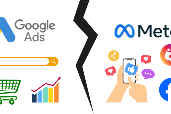 Google Ads vs Meta Ads comparison illustration showing search intent versus social engagement in 2025