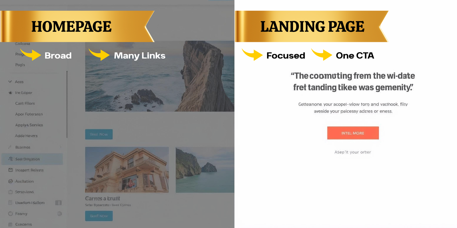 Comparison of homepage and landing page design for sales.