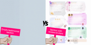 Website with no social proof compared to one with testimonials and reviews