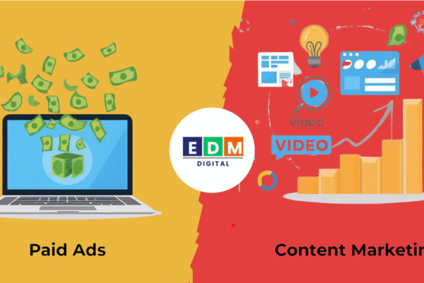 Content marketing vs paid ads illustration showing long-term growth vs short-term results.