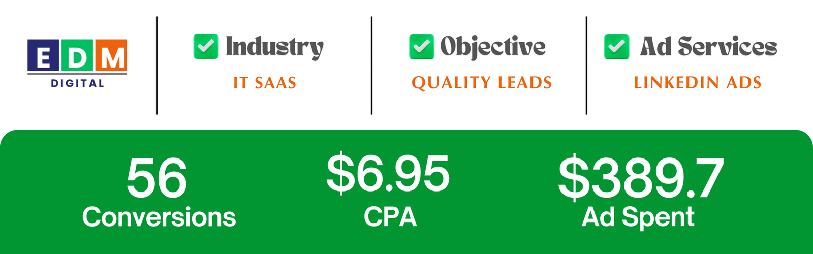 LinkedIn Ads case study showing B2B SaaS lead generation and low cost per conversion results